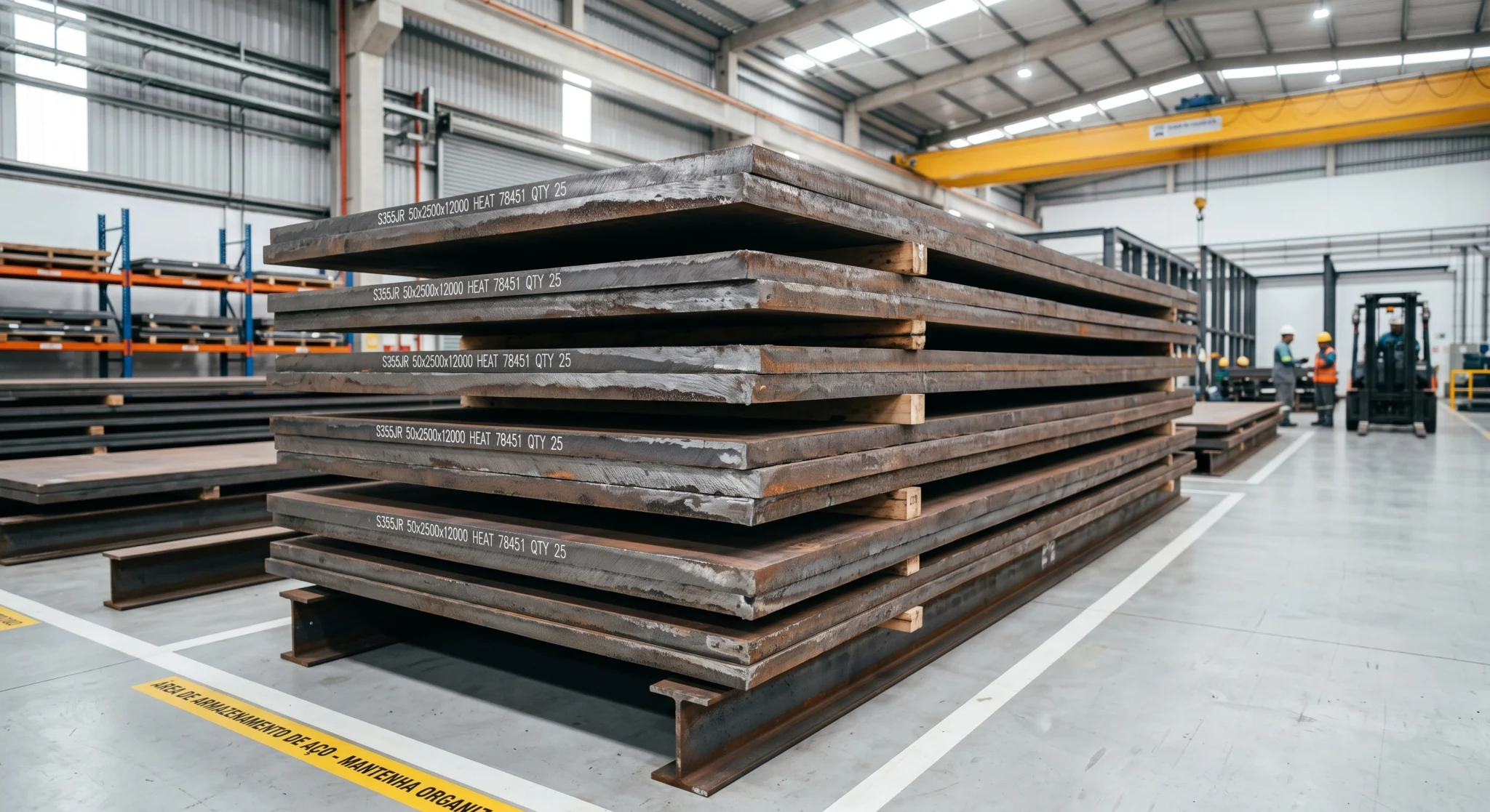 Chapas de aço espessas armazenadas em galpão industrial moderno