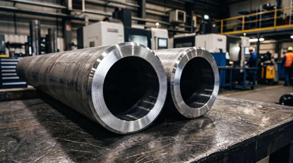 Detalhe da espessura de um tubo sem costura e tubo com costura lado a lado para aplicação industrial.