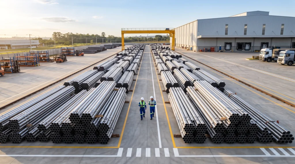 Pátio de distribuição com estoque de tubos de aço da GonPetro focando no custo-benefício para obras.