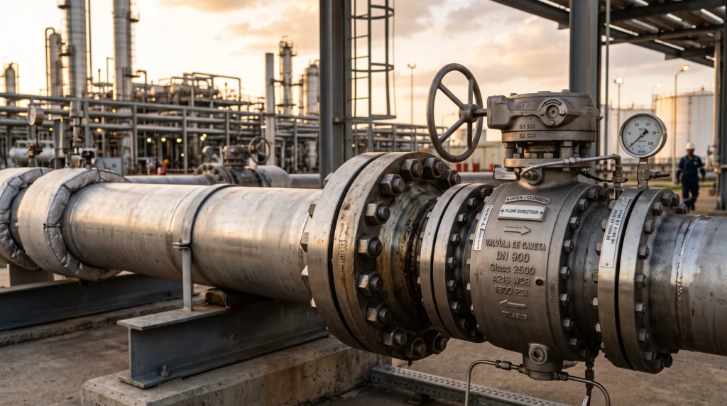 Tubulação de aço carbono instalada em um sistema de alta pressão de uma refinaria de óleo e gás.