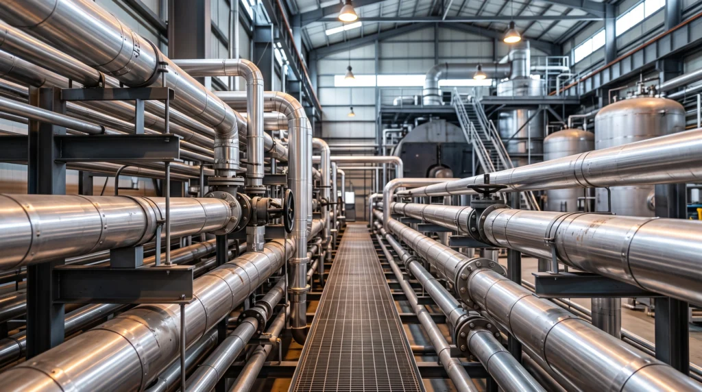 Tubulação de aço em caldeira e linhas de vapor de uma planta industrial