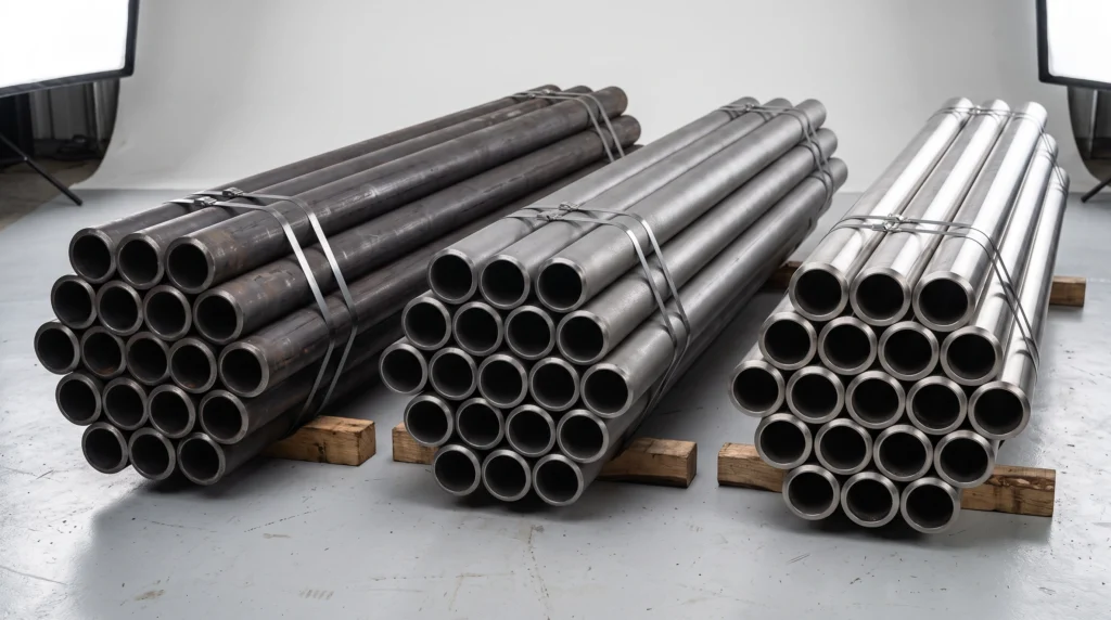 Tubos de aço carbono, aço liga e aço inoxidável lado a lado para alta pressão e temperatura